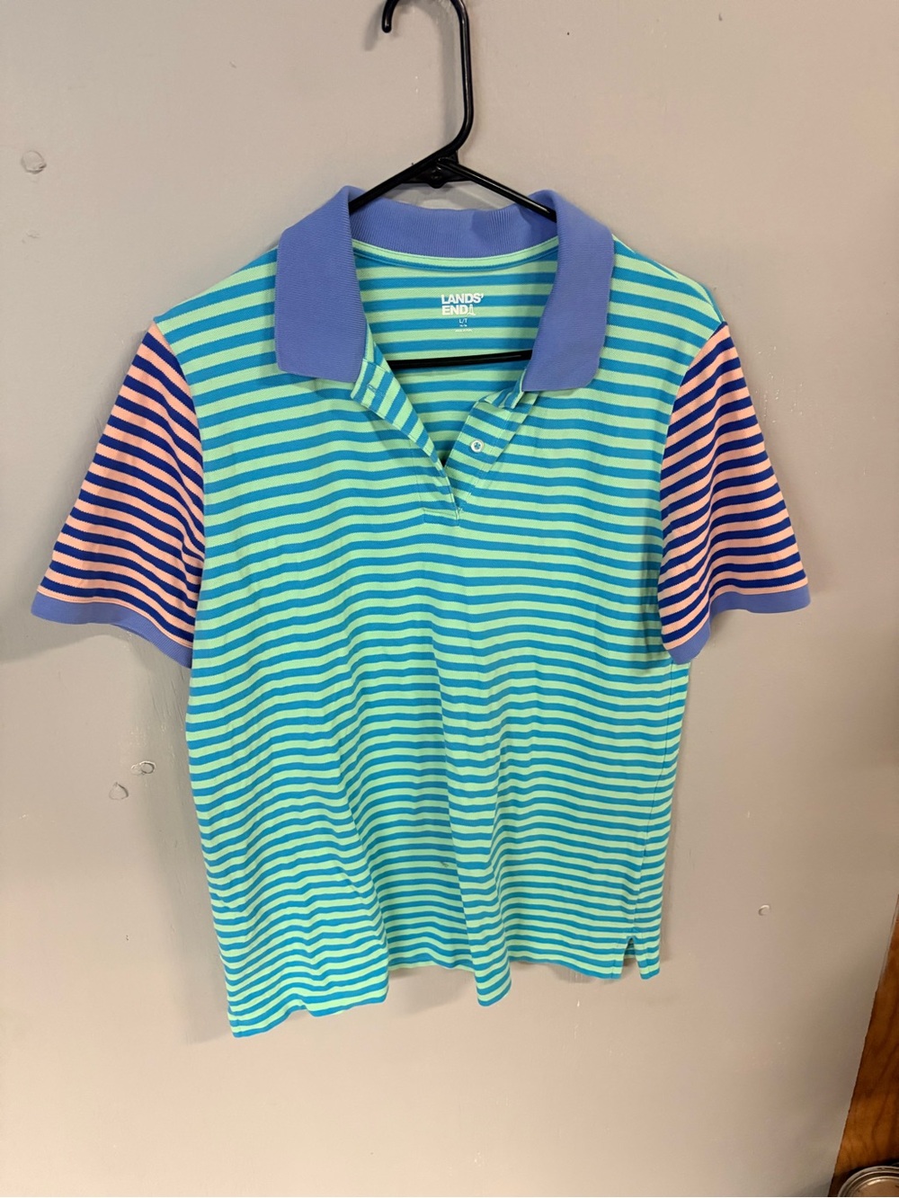 Lands' End Striped Polo in Aqua, Teal & Lavender Womens Large 14/16